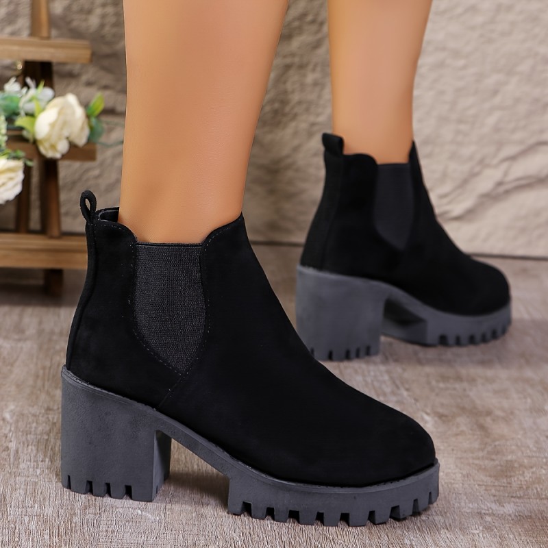 Women'S Fashion Chelsea Ankle Boots, Solid Color Slip-On Block Heel Booties, High Heel, Plain Toe, Fabric Upper, Lining & Insole, PU Sole, with Waterproof Platform, for All-Season, European Special, Taizhou Production Area