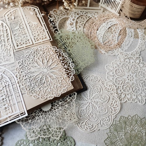 10pcs\u002Fpack, Vintage Lace Hollow Material Paper Decorative Scrapbooking Diary Album Hand Made Collage Material Background Paper, Junk Journal Decor Supplies, DIY Junk Journal Decoration Label Stickers, Party Favor