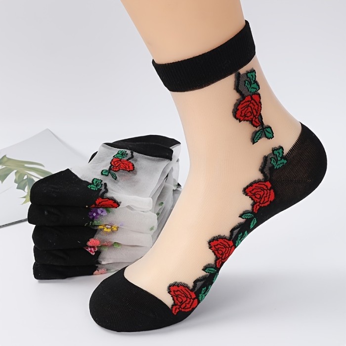 5 Pairs of Vibrant Mesh Floral Print Mid Tube Socks - Breathable, Soft, and Stretchy Women's Stockings with Crystal Glass Accents - Perfect for Daily Wear, Party, or Formal Occasions