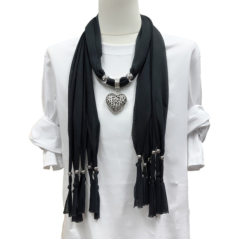 Elegant Bohemian Heart-Shaped Scarf with Tassel Detail, Polyester Knit Shawl for Women, Hand Washable, Casual Outfit Accessory, Solid Color, Non-Stretch, Decorative - Pack of 1
