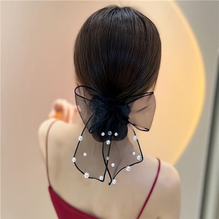 2pcs Elegant Faux Pearl Mesh Bow Hair Tie - Large Scrunchie for Ponytail and Bun - Daily Hair Styling Decoration Accessory