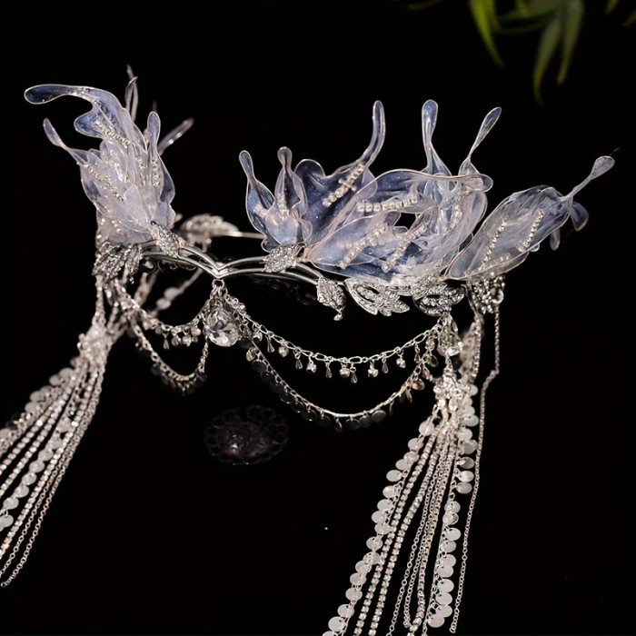 Boho Fairytale Crystal Mermaid Tiara with Draping Chains - Handcrafted Fantasy Headpiece for Bridal, Cosplay, Hanfu Accessory Without Feathers