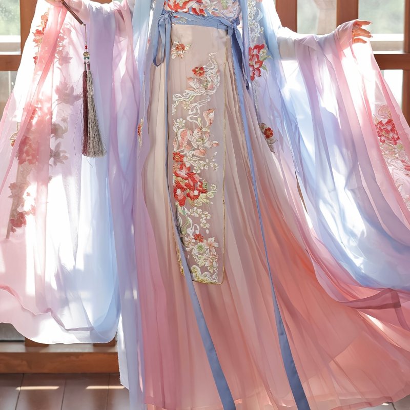 Traditional Chinese Hanfu Dress for Women, Polyester Floral Embroidered Tang-Style Long-Sleeve Cheongsam with Harem Skirt, Woven Fabric, with Belt for Spring\u002FFall