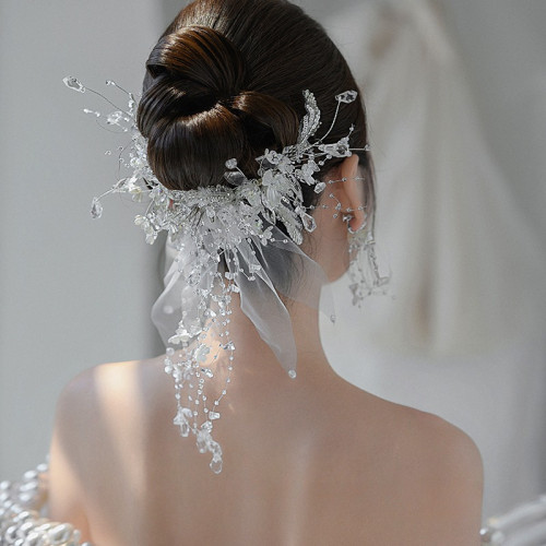 2pcs Elegant Wedding Bridal Hair Accessories, Acrylic Crystal Flower Hair Clips with Mesh Gauze and Pearl Accents, Exquisite Princess Hairpins for Banquet and Special Occasions