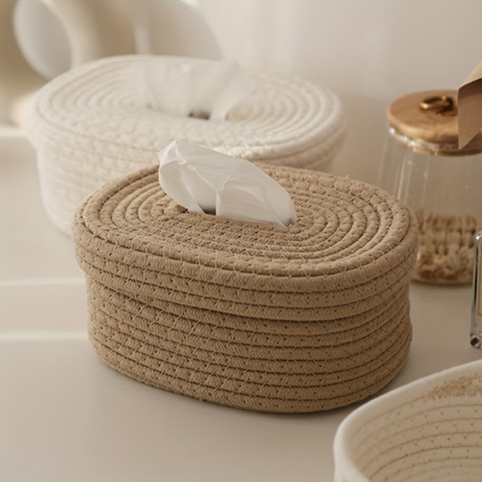 1pc Cotton Rope Woven Tissue Box, Tissue Box Cover, Simple Plain Storage Basket, Multifunctional Tissue Holder, Home Decor, Bathroom Accessories