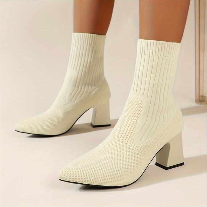 Womens High Heel Chunky Block Chelsea Boots - Comfy Slip-On Breathable Fabric Boots with Elasticized Pointed Toe and Rubber Sole for Comfort - All-Season Wear