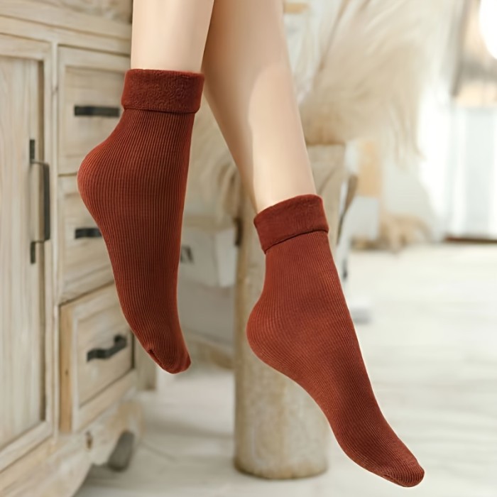 4 Pairs Soft Thermal Snow Socks, Casual & Warm Cozy Fleece Lined Winter Floor Socks, Women's Stockings & Hosiery
