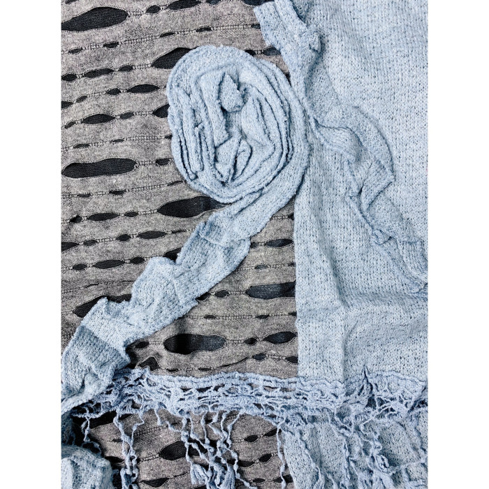 Handcrafted Knit and Cutwork Scarf with 3D Floral Embellishments and Lace Tassel Trim