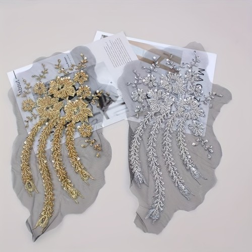 1pc Embroidered Sequin Beaded Collar Trim, 3D Flower Embroidery, DIY Wedding Dress Accessories, Available in White, Black, Golden Colors