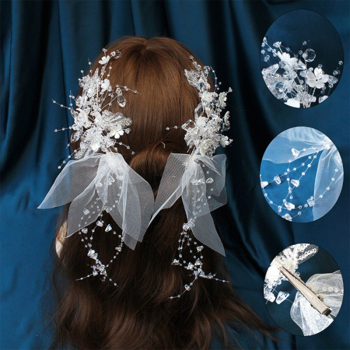 2pcs Elegant Wedding Bridal Hair Accessories, Acrylic Crystal Flower Hair Clips with Mesh Gauze and Pearl Accents, Exquisite Princess Hairpins for Banquet and Special Occasions