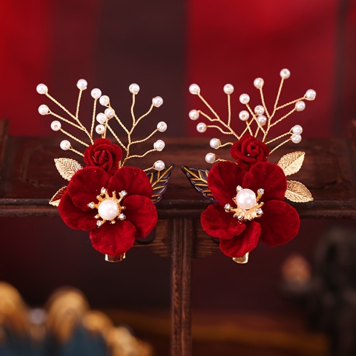 Traditional Chinese Red Flower Hair Clip Set, Hanfu Bridal Headpiec, Vintage Style, Simple Versatile Festive Floral Hair Accessory Set