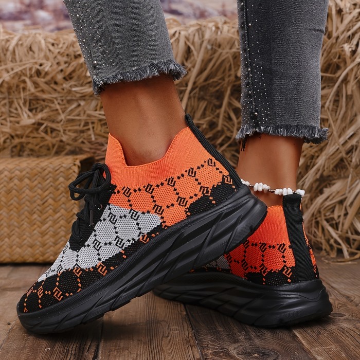 Women's Fashion Casual Sneakers - Lightweight, Breathable Knit with Diamond Pattern, Lace-Up Low Tops for All Seasons