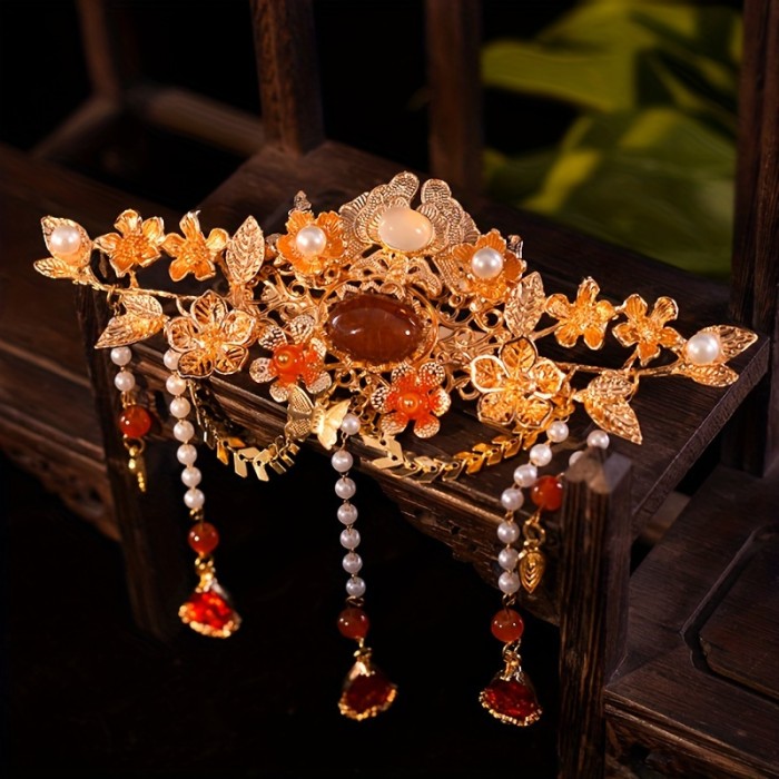 Royal Style Hanfu Hairpin - Traditional Chinese Alloy Headwear with Red Tassel, Floral Design, and Faux Gemstone Accents