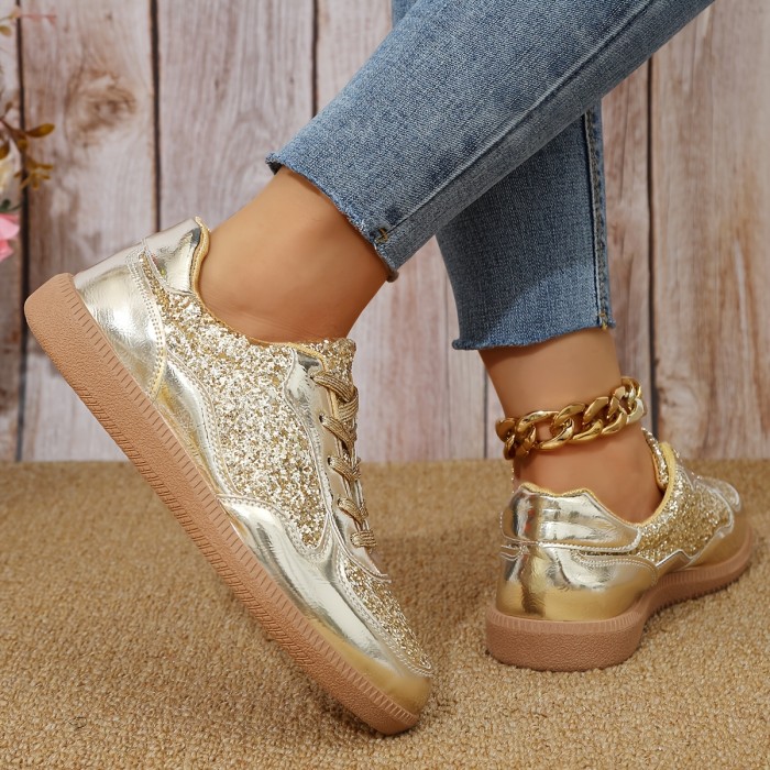 1 Pair Women'S Glitter Sneakers - All-Season Lace-Up Casual Shoes with Plain Toe, Low Top Design, Man-Made Upper & Faux Sole, Fabric Inner, Man-Made Insole - Fashionable 2024 Fall Footwear