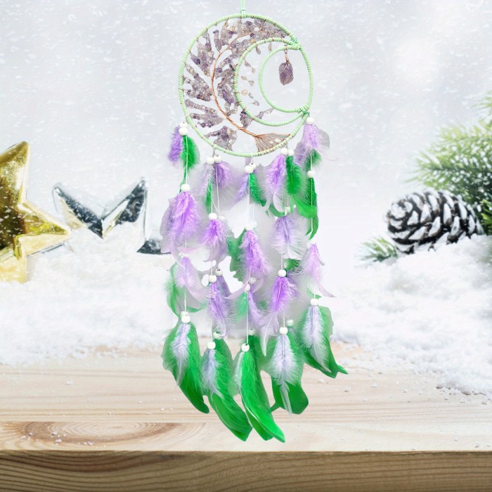 Dream Catcher, Moon Dream Catchers with Crystal Stones Pendant, Handmade Feather Dream Catcher Hanging Ornaments Crafts