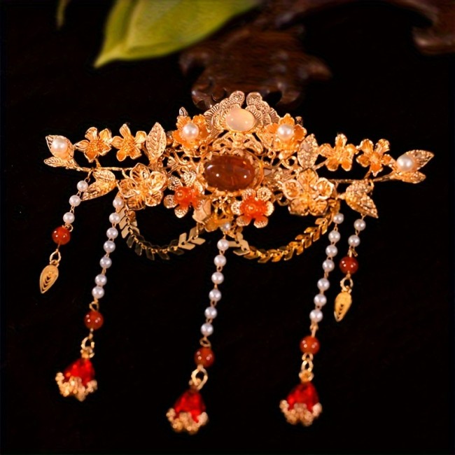 Royal Style Hanfu Hairpin - Traditional Chinese Alloy Headwear with Red Tassel, Floral Design, and Faux Gemstone Accents