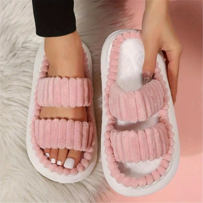 Chic Plush Double-Strap Slippers - Comfy Non-Slip Sole, Open-Toe Design - Stylish Indoor Footwear