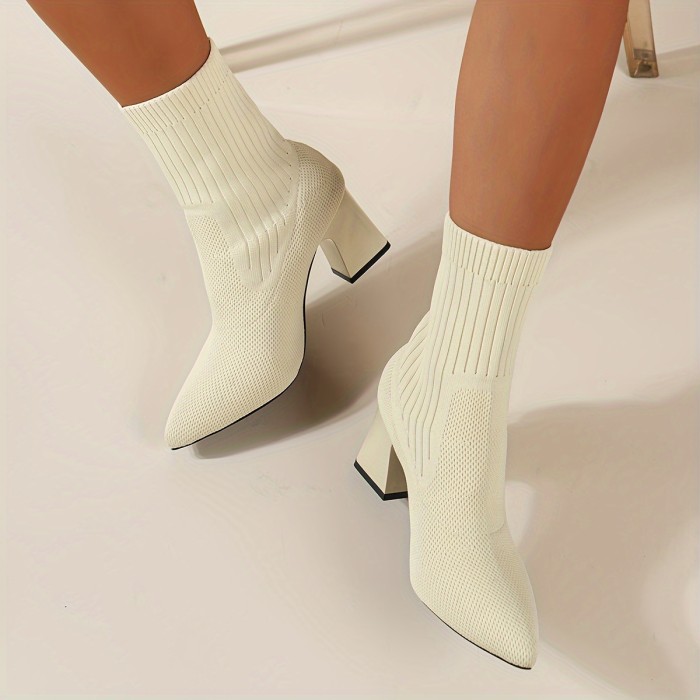 Womens High Heel Chunky Block Chelsea Boots - Comfy Slip-On Breathable Fabric Boots with Elasticized Pointed Toe and Rubber Sole for Comfort - All-Season Wear