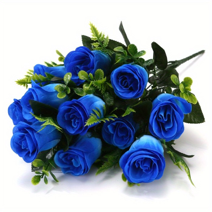 1 Set of 12 Peacock Rose Bouquets - Vibrant Artificial Flowers, Elegant Decor for Weddings & Home, Lifelike Faux Bloom Arrangements for Bedroom & Dining Ambience