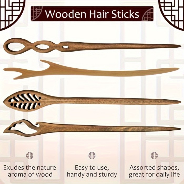 A set of four random classical style sandalwood hairpins, classic green wooden hairpins brown Women's hair accessories