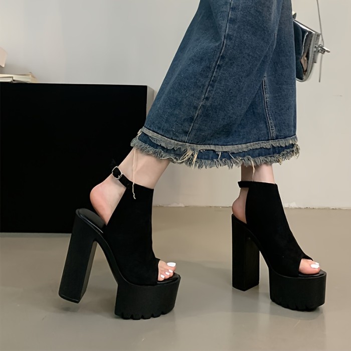 Chic Plus Size Women's Platform Sandals - Open Toe, Ankle Strap with Chunky Heel, Velvet Upper & Faux Cover Lining