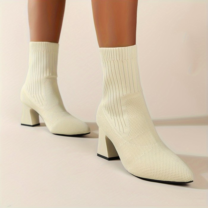 Womens High Heel Chunky Block Chelsea Boots - Comfy Slip-On Breathable Fabric Boots with Elasticized Pointed Toe and Rubber Sole for Comfort - All-Season Wear