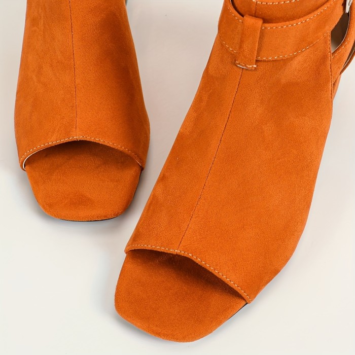 Elegant Back Zipper Ankle Buckle Women's Solid Color Chunky Heels Peep Toe Comfort Sandals