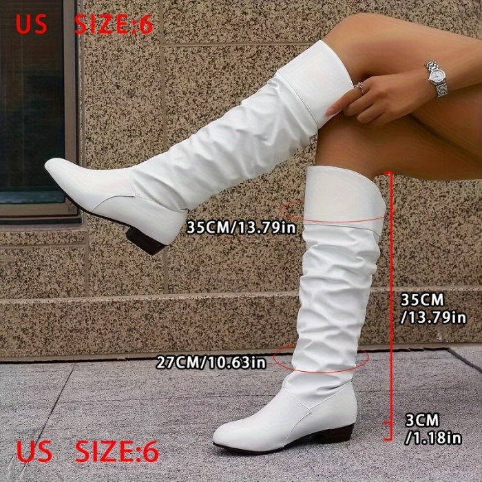 Stylish Women's Chunky Heel Boots - Pleated Design, Fashion Round Toe, Solid Color, Long, Comfortable, Versatile, Dressy, Winter Essential - Perfect for Work, Party, Daily Life
