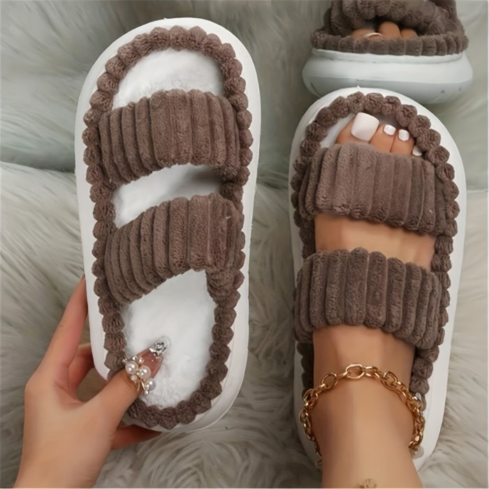 Chic Plush Double-Strap Slippers - Comfy Non-Slip Sole, Open-Toe Design - Stylish Indoor Footwear