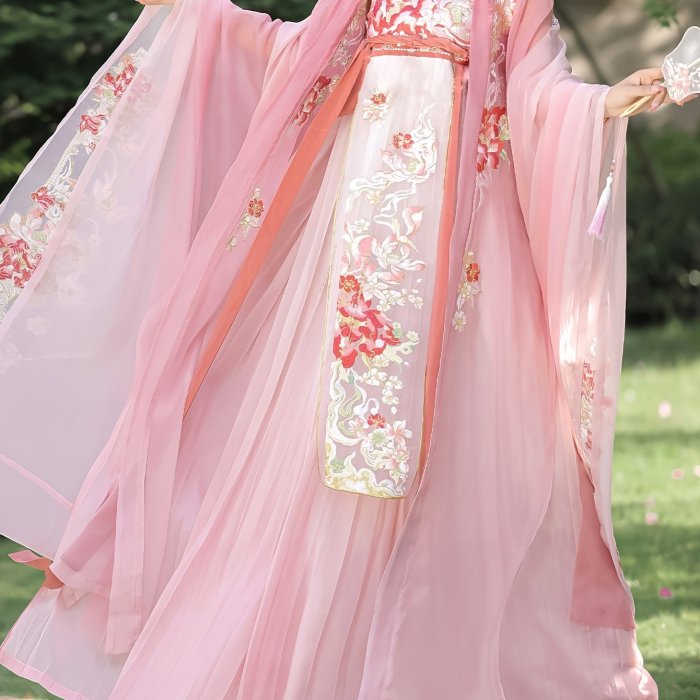1pc Tang Dynasty Style Hanfu Dress for Women - Floral Embroidery, Long Sleeve, Polyester, Woven, Spring\u002FFall Appropriate, Long Length Gown with Lining