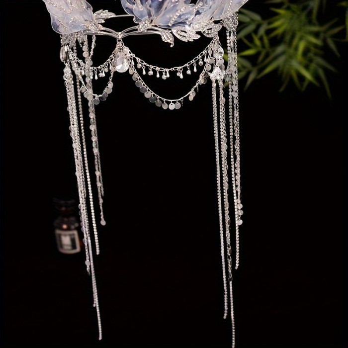 Boho Fairytale Crystal Mermaid Tiara with Draping Chains - Handcrafted Fantasy Headpiece for Bridal, Cosplay, Hanfu Accessory Without Feathers