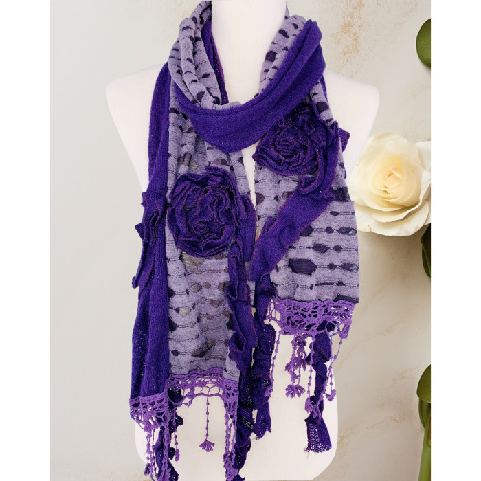 Handcrafted Knit and Cutwork Scarf with 3D Floral Embellishments and Lace Tassel Trim