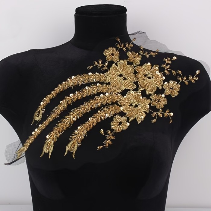 1pc Embroidered Sequin Beaded Collar Trim, 3D Flower Embroidery, DIY Wedding Dress Accessories, Available in White, Black, Golden Colors