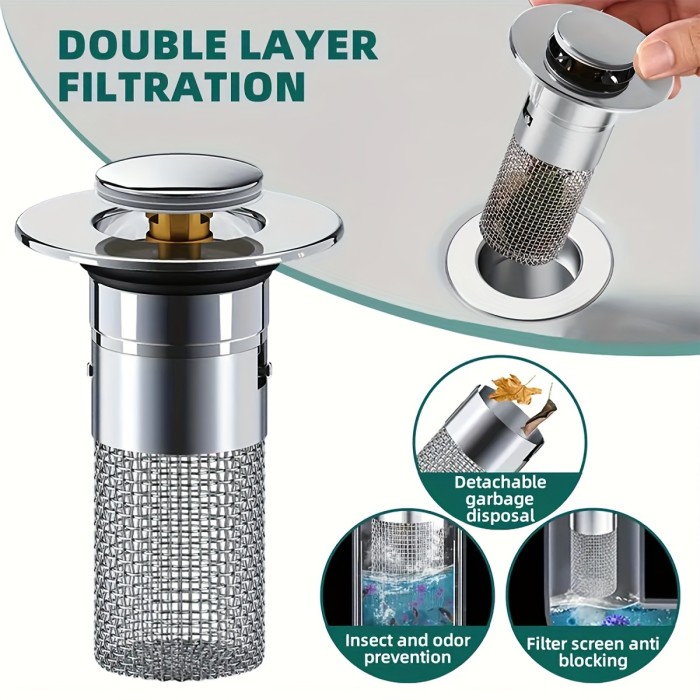 Stainless Steel Pop-Up Bathroom Sink Stopper with Anti-Odor Drain Strainer - Fits 1.1-1.6\