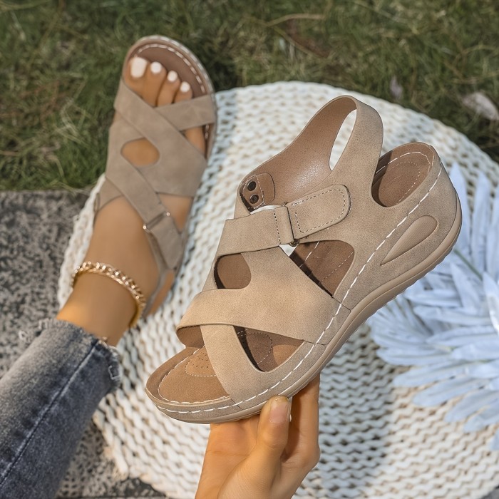 Elegant Women's Summer Sandals - Thick Sole, Open Toe with Hook-and-loop Fastener Closure, Soft Faux Cover Wedge Heels