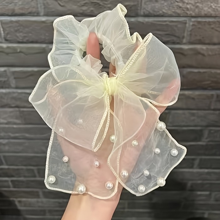2pcs Elegant Faux Pearl Mesh Bow Hair Tie - Large Scrunchie for Ponytail and Bun - Daily Hair Styling Decoration Accessory