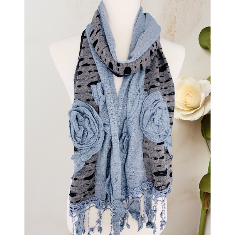 Handcrafted Knit and Cutwork Scarf with 3D Floral Embellishments and Lace Tassel Trim