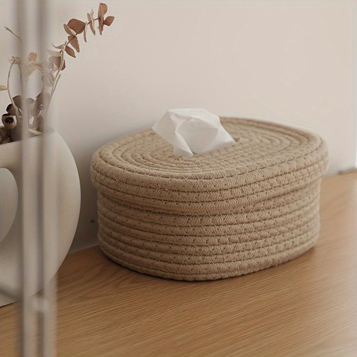 1pc Cotton Rope Woven Tissue Box, Tissue Box Cover, Simple Plain Storage Basket, Multifunctional Tissue Holder, Home Decor, Bathroom Accessories