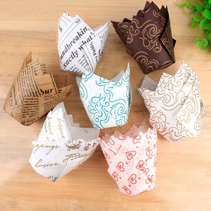 50pcs, Disposable Tulip Muffin Cups, Cloud Stripes Newspaper Pattern Paper Cake Cups, Greaseproof Paper Cupcake Liners, Muffin Molds, Baking Tools, Kitchen Gadgets, Kitchen Accessories