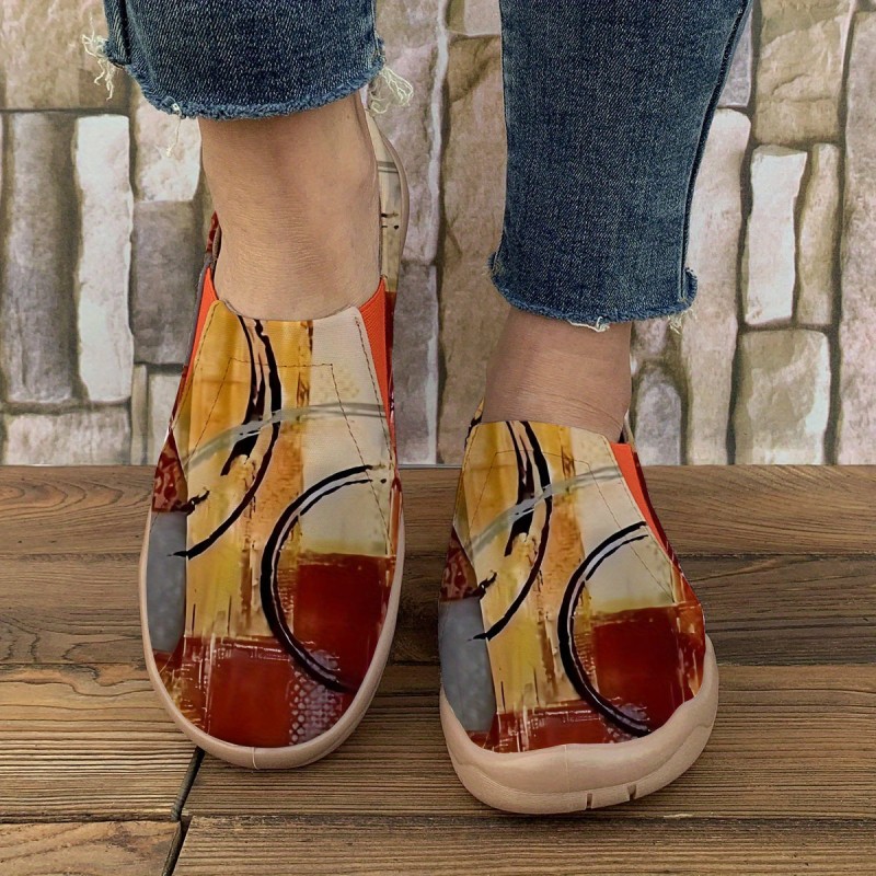 1 Pair Women'S Casual Slip-On Canvas Shoes with Circle Pattern, Comfortable Soft Sole, All-Season Fabric Upper & Inner, Faux Sole, Plain Toe - Hand Washable