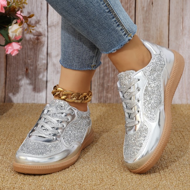 1 Pair Women'S Glitter Sneakers - All-Season Lace-Up Casual Shoes with Plain Toe, Low Top Design, Man-Made Upper & Faux Sole, Fabric Inner, Man-Made Insole - Fashionable 2024 Fall Footwear