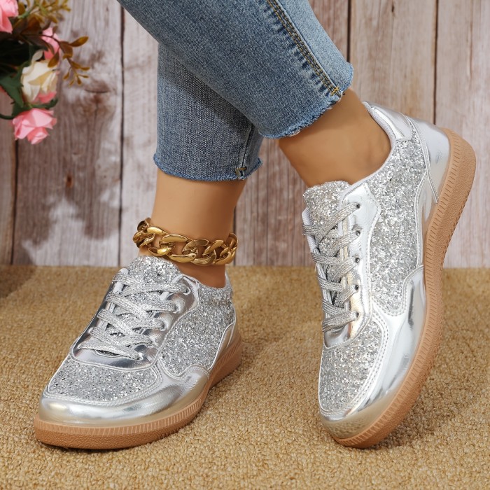 1 Pair Women'S Glitter Sneakers - All-Season Lace-Up Casual Shoes with Plain Toe, Low Top Design, Man-Made Upper & Faux Sole, Fabric Inner, Man-Made Insole - Fashionable 2024 Fall Footwear