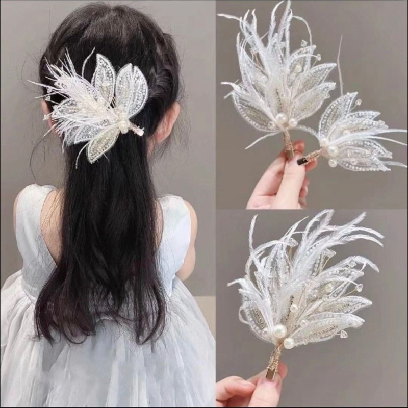 1pc Elegant White Lace Feather Pearl Hair Clip, Handcrafted Vintage Floral Hair Accessory, Crystal Sequin Duckbill Clip for Bridal Wedding Hair Decoration, Single Piece