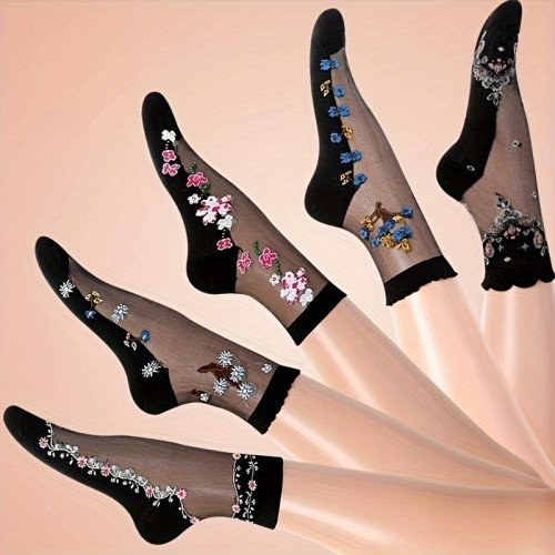 5 Pairs of Vibrant Mesh Floral Print Mid Tube Socks - Breathable, Soft, and Stretchy Women's Stockings with Crystal Glass Accents - Perfect for Daily Wear, Party, or Formal Occasions