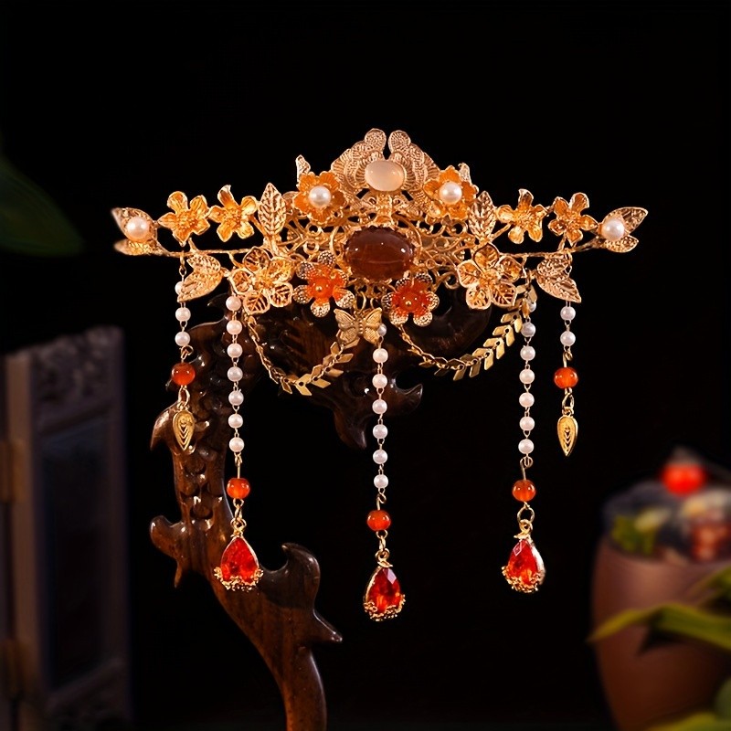 Royal Style Hanfu Hairpin - Traditional Chinese Alloy Headwear with Red Tassel, Floral Design, and Faux Gemstone Accents