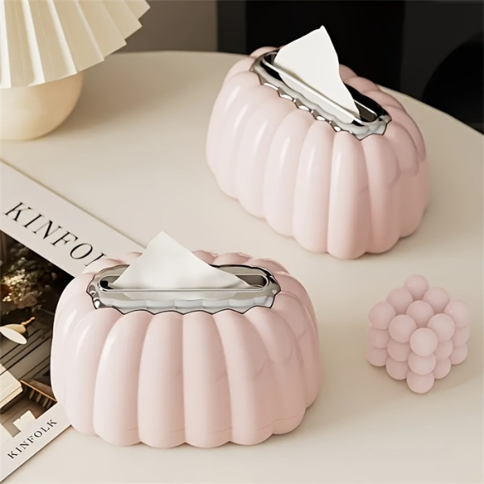 1pc Pumpkin-Shaped Tissue Box Holder, Plastic Square Paper Storage with Flocking Design, Elegant Home Office Decor, Luxurious Living Room Accessory, Decorative Desktop and Car Tissue Dispenser