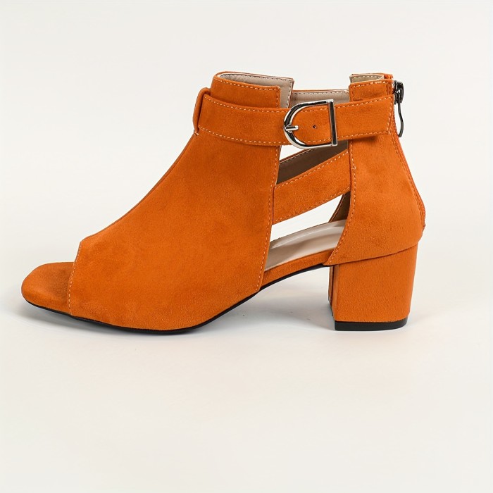 Elegant Back Zipper Ankle Buckle Women's Solid Color Chunky Heels Peep Toe Comfort Sandals
