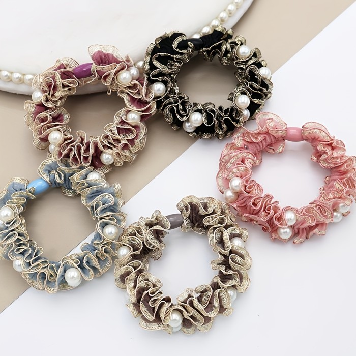 5 Golden Ruffled Hair Hoops Bohemian Hair Ropes Fake Pearl Decoration Hair Hoops Ponytail Hair Ropes Women'S Hair Accessories