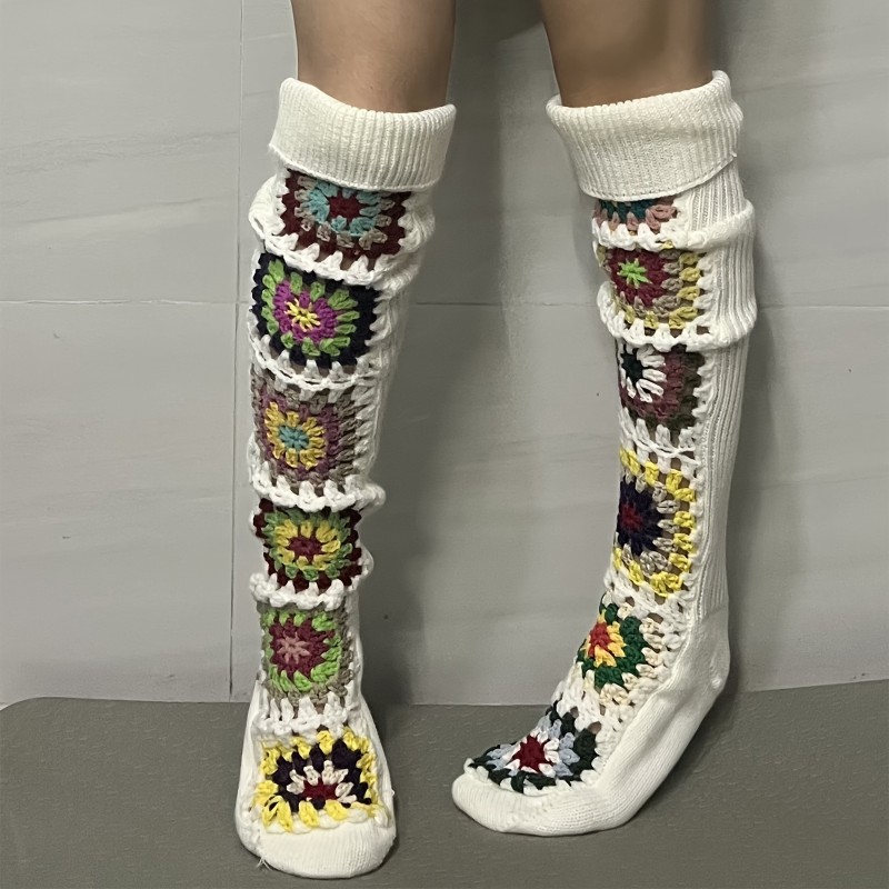 1 Pair Women'S Crochet Knit Over Knee Thigh Socks - Polyester Fiber, Hand Washable, Non-Feathered, Ethnic Style Autumn Winter Stockings
