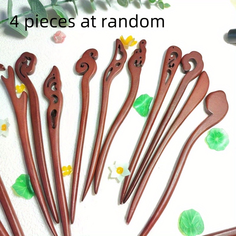 A set of four random classical style sandalwood hairpins, classic green wooden hairpins brown Women's hair accessories